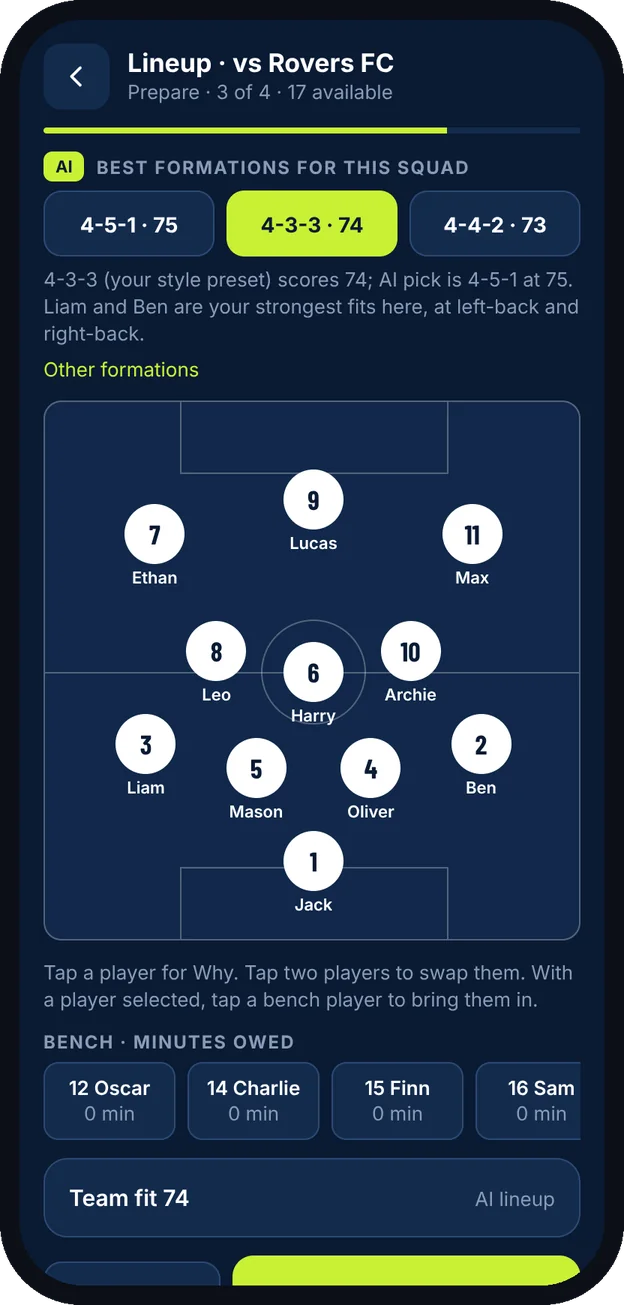 AI lineup with suggested formations